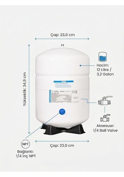 Pae Ro-122 Ters Ozmoz Su Depolama Tankı, 12 Litre, Basınçlı Tank Standart
