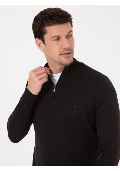 Cacharel Siyah Slim Fit Pamuk Karışımlı Yarım Fermuarlı Dik Yaka Triko Kazak Cacharel Siyah Slim Fit Pamuk Karışımlı Yarım Fermuarlı Dik Yaka Triko Kazak