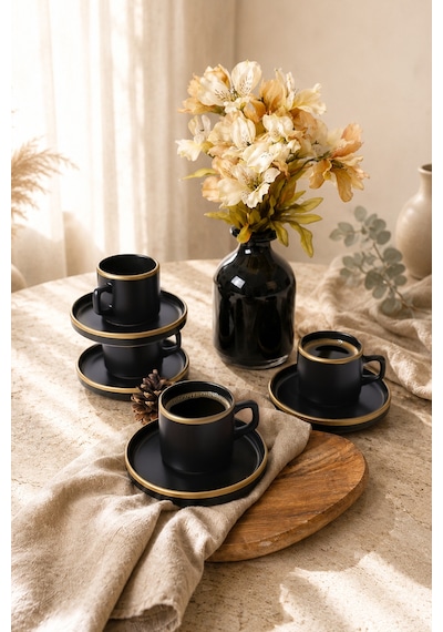 Keramika Mat Siyah Gold Fileli Stackable Çay Takımı 8 Parça 4 Kişilik Siyah - Gold