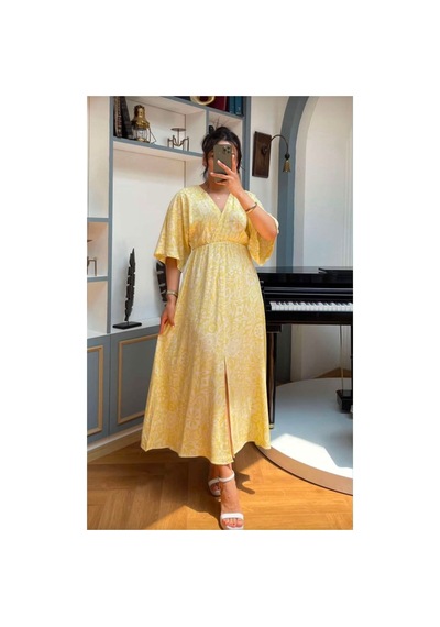 Moda Banuş Sarı Yırtmaçlı Yumuşak Kumaş Elbise 3154