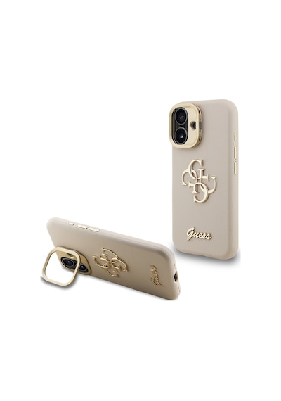 Apple iPhone 16 Uyumlu Kılıf Guess  Lisanslı Grained Yazı Logolu Kamera Standlı Kapak Bej