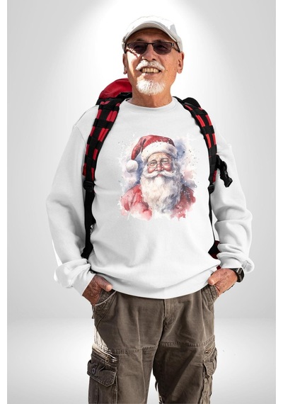 Mutlu Noel Baba Yeni Yıl Tasarımı Unisex Beyaz Baskılı Sweatshirt Beyaz