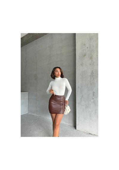 Verymoda Fermuarlı Deri Etek F0125 Kahve
