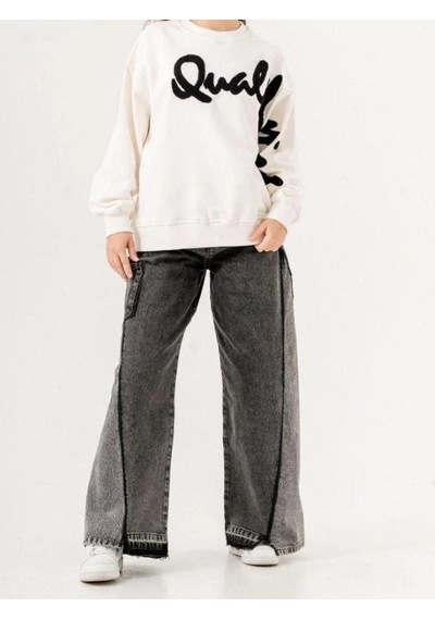 Kız Çocuk Quality Yazılı Pamuklu Sweatshirt-14780 Ekru