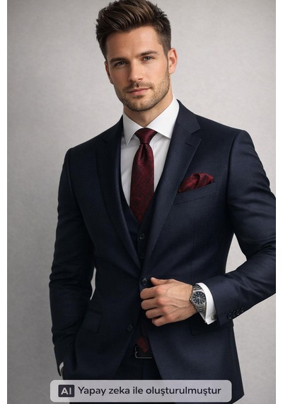 Gaffy Lacivert Kırcıl Desenli Bordo Dokuma Kumaş Mendilli Slim Fit Kravat // Sdk-2610-4 Bordo