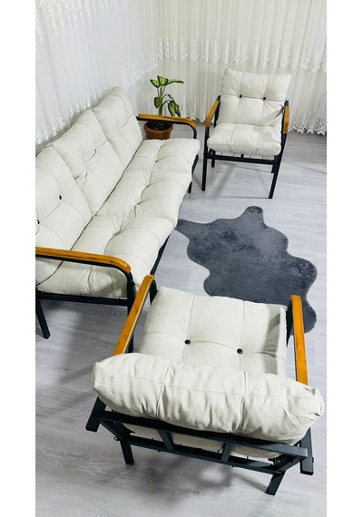 Madame Home Defne Balkon, Bahçe, Cafe - Metal Kanepe Koltuk Takımı - 3+1+1 Krem