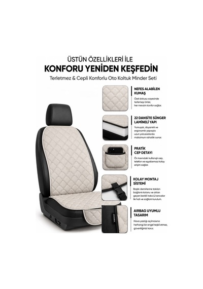 Terletmez Cepli Oto Koltuk Minder Seti Kolay Montaj Universal Koruyucu Kılıf Kumaş Bej