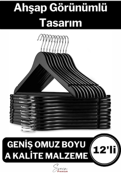 Premium Ahşap Görünümlü Kırılmaz Dayanıklı Plastik A Kalite Siyah Kıyafet Elbise Askı 12'li