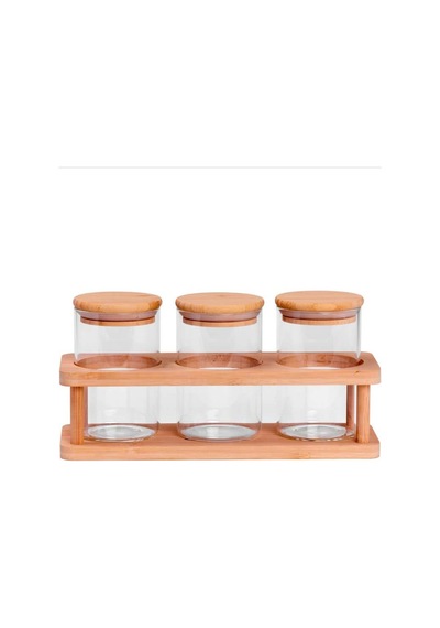 Cam Baharat Takımı Vakumlu Kapaklı Hava Almaz 3 Lü Bambu Standlı 380 Ml Beyaz