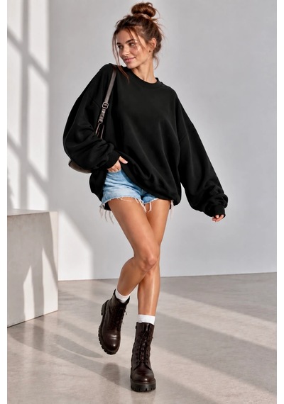 Bb Butik Basic 3 İplik Oversize Salaş Basic Sweatshirt Bisiklet Yaka My3535 siyah
