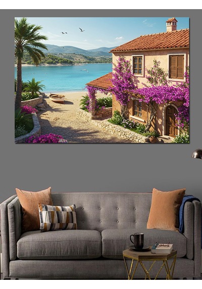 Mor Çiçekli Akdeniz Evi Dekoratif Kanvas - Mdf Ahşap Tablo
