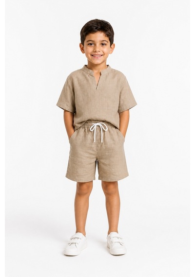 Eray Alp Kids Erkek Çocuk Bej Keten Tişört Şort Takımı Yazlık Günlük Model