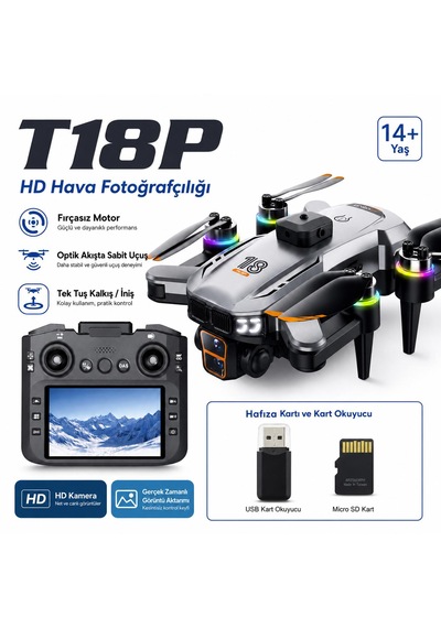 T18p Dron 4k Hd Hava Fotorafçılığı 3 Lens Usb Kart Okuyucu+kafıza Kartı Hediye Tek Tuş İniş Kalkış Ekranlı Kumanda Fırçasız Motor Havada Sabit Kalma 360 Derece Engel Algılama Elektirikli Kamera