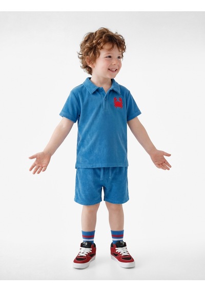 Koton Yengeç İşlemeli Kısa Kollu Pamuklu Oversize Polo Yaka Tişört Mavi 6smb10160tk