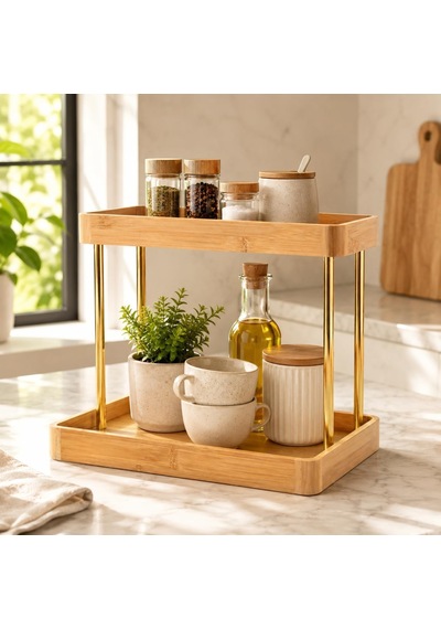 Poomy 2 Katlı Bambu Organizer Standı, Altın Renk Tezgâh Üstü Düzenleyici Raf