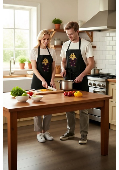 Erkek Unisex Mutfak Aşçı Önlüğü Espirili Fırın Baskılı Vintage Ta Siyah