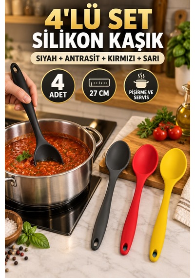 4'lü Set Siyah Antrasit Kırmızı Sarı, Büyük Boy Silikon Kaşık 27 Cm, Yemek Pişirme Ve Servis Kaşığı.