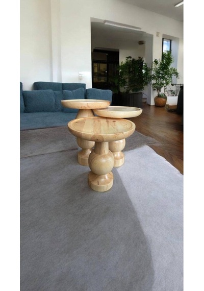 Wood Ahşap 3 Lü Set Fitilli Mantar Yan Sehpa Modern Fiskos / Naturel Renk / Zigon Sehpa Vernikli Kahverengi