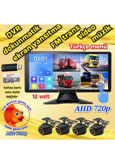 Balık Gözü 4 Adet Ahd 720p 170'' Kamera Ve Dokunmatik 10.36'' Video Müzik Dvr Ekran 12 V 256 Gb