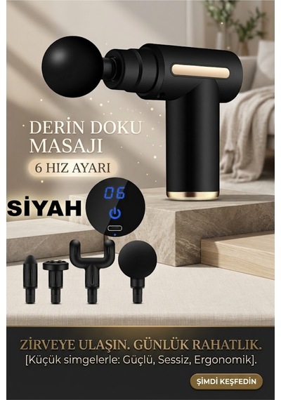 Taşınabilir Derin Doku Kas Masaj Aleti 6 Kademeli Sessiz Mini Masaj Tabancası- Siyah- Gri Siyah - 928400072