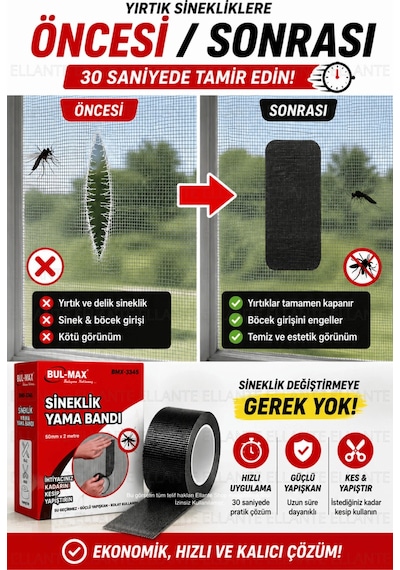 Sineklik Yama Bandı 50 Mm X 2 Metre Güçlü Yapışkanlı Sineklik Tamir Bandı Kes Yapıştır Fiber File On