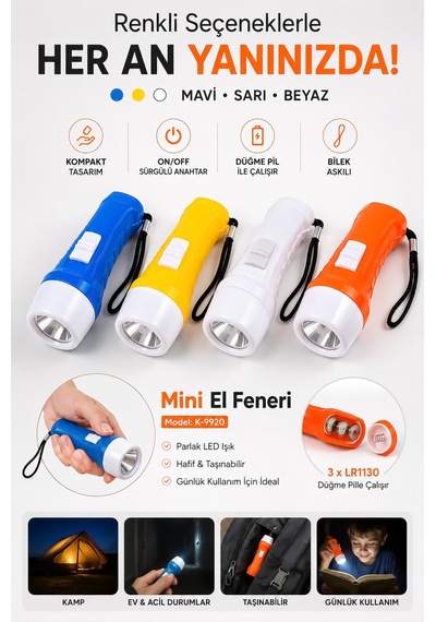 Pilli Mini El Feneri Anahtarlık Lambası Aydınlatma Işığı Deprem Çantası Feneri Kulplu 9920