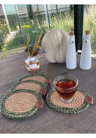 4 Adet Oval Dekoratif Bardak Altlığı Seti - Yuvarlak , Leke Tutmaz - Naturel-yeşil 13x17 Cm Yeşil