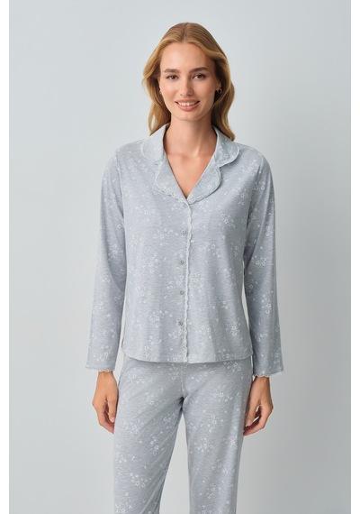 Suwen Griss Gömlek Yaka Pijama Takımı Wsh10510157964 Gri Melanj