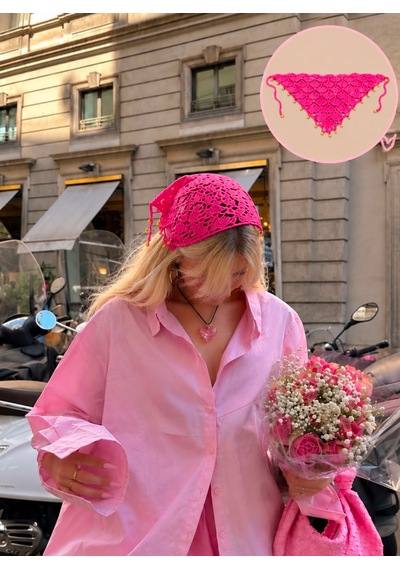 Algebutik Pembe Boncuk Detaylı Tığ İşi Üçgen Bandana