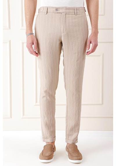 Efor Comfort Fit Yandan Tokalı Çizgili Keten Casual Bej Pantolon P 1151 Bej