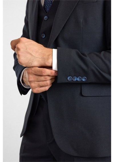 Süvari Lacivert Slim Sivri Yaka 6 Drop Yelekli Takım Elbise Tk1001100188-m09