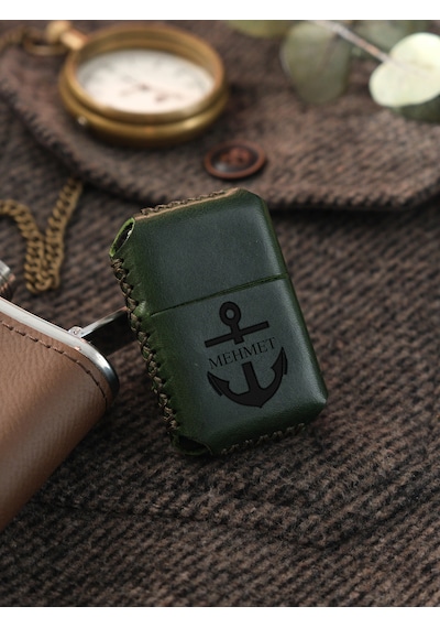 Vagave Yeşil Renk Hakiki Deri Kılıflı Zippo Benzinli Çakmak