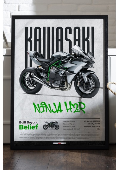 Kawasaki Ninja H2 R Siyah Ahşap Çerçeveli Poster, Dekoratif Motosiklet Duvar Tablosu