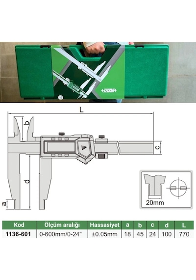 Insize 1136-601 Dijital Kumpas Çift Çeneli / İç Çap Ölçer, Çene:100mm 0-600mm/0-24" - 0.01mm