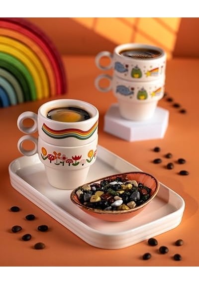 Vosvos & Gökkuşağı 2'li Espresso Bardak Seti - Hediye Seramik Fincan Acı Kahve
