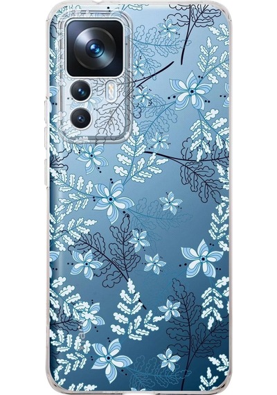 Xiaomi Mi 12t Kamera Korumalı Kapak Floral Mavi Tasarımlı Şeffaf Kılıf