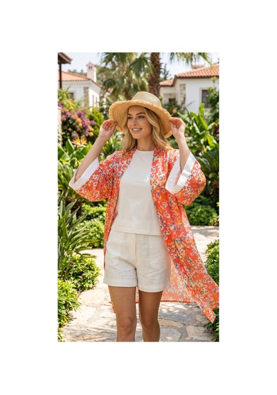 Lila Mare Pamuk Vual Kumaşlı Handmade Homewear & Beachwear Kimono Renkli Renkli