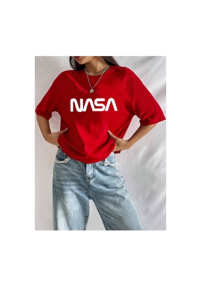Medinenur Unisex Nasa Baskılı Siyah Tshirt Kırmızı