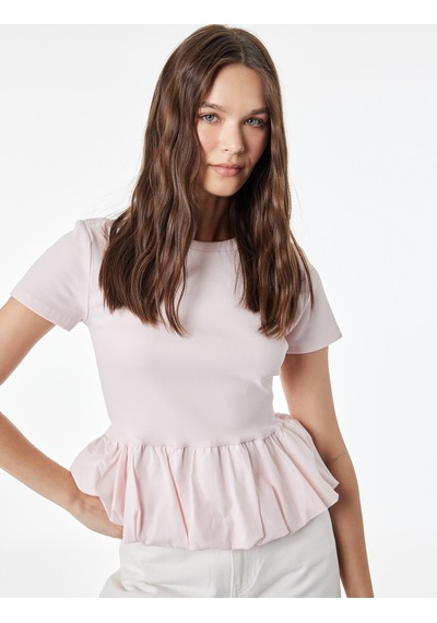 Koton Slim Fit Kısa Kollu Bisiklet Yaka Balon Peplum Tişört Pembe 6sal10578ık Gül