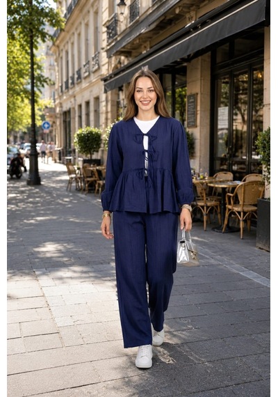 Hb Harma Time Butik Kadın Bağlamalı Çilek Kumaş Lacivert Tunik Pantolon İkili Takım
