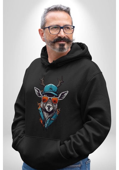 Güneş Gözlüğü Savaşcı Geyik Kadın Erkek Siyah Kapüşonlu Sweatshirt Hoodie Siyah