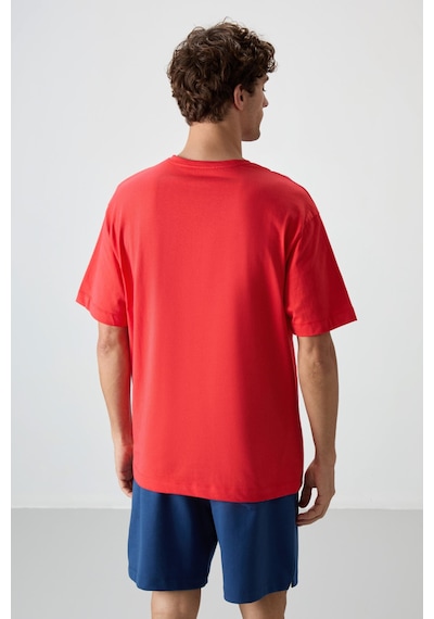 Air Jones Tommy Life Fiesta %100 Pamuk Kalın Yumuşak Dokulu Oversize Fit Baskılı Erkek T-shirt - 88360 Kirmizi