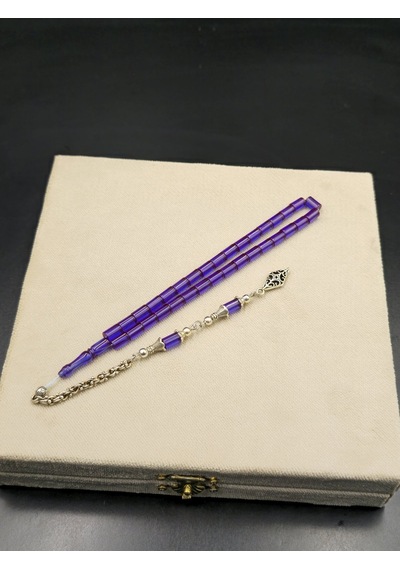 Özel Tasarım Alpaka Püsküllü Ateş Kehribar Bilek Boy Tespih 4,5x7 Mm Mor Gümüş
