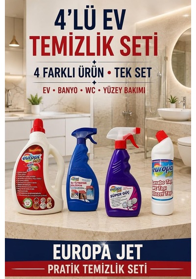 Europa Jet 4'lü Ev Ve Banyo Temizlik Seti Genel Temizleyici, Su Tutmayan Solüsyon, Süper Güç Ve Wc-lavabo Temizleyici