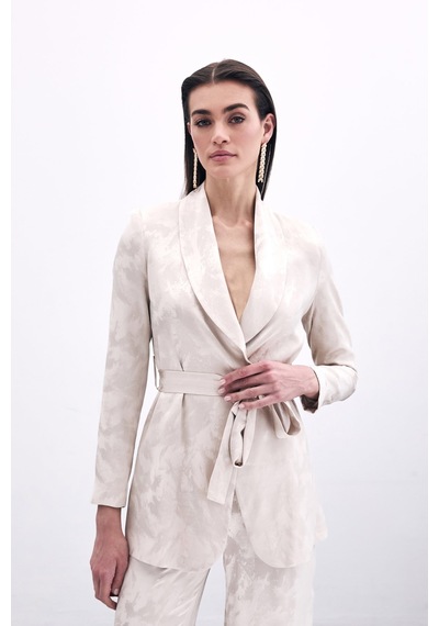 Sateen Bağlamalı Jakarlı Ceket - Bej-135779 Bej
