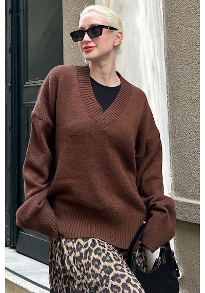 Madmext Kahverengi V Yaka Oversize Kadın Triko Kazak Mg2149 Kahverengi