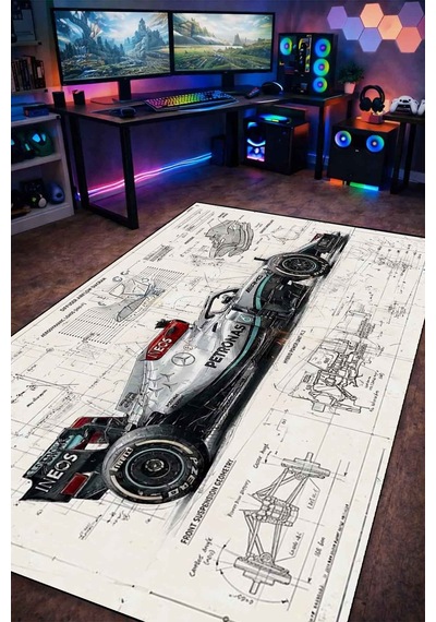 F1 Blueprint Halı Dijital Baskı Yıkanabilir Kaymaz Taban Leke Tutmaz Çok Renkli-24