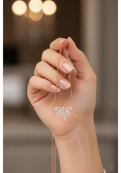 Çekirdekjewelry 925 Ayar Gümüş Zirkon Taşlı Kelebek Kolye Rose