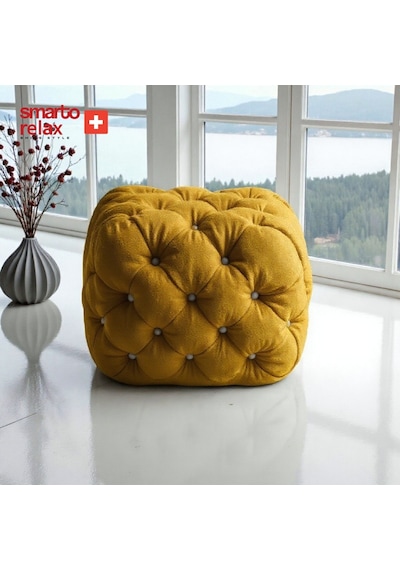 Smarto Relax Swiss Style Puf Zinal Ayaksız Kapitoneli Kare 45x45 Cm Baby Face Dekoratif Kapitoneli Dekoratif Puf Sarı