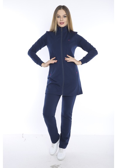 Kadın Spor Royal Fermuarlı, Cepli Tunik Eşofman Takımı - CC-6725- Lacivert